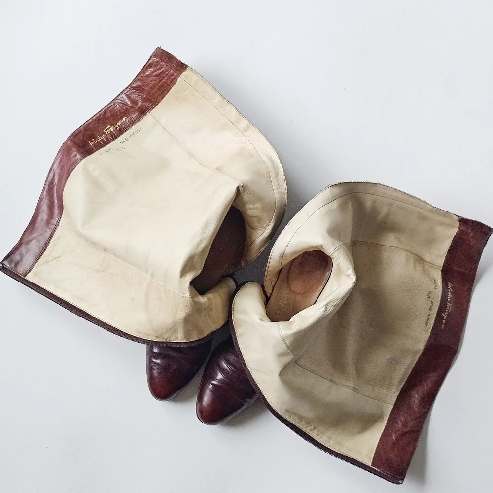 Vintage Salvatore Ferragamo Tall Leather Boots Cognac Brown Riding Italy 7.5 B